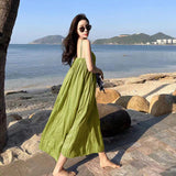 Desire Blue Folded Seaside Vacation Sling Dress Women Summer Sanya Tour Wearing Pictures Beach Long Skirts
