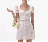 Collar High-End Hollow Lace Dress In The Spring Of 2024 New Ivory White Waist Temperament Style Dress