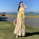 Style Beach Skirt Casual Temperament Hanging Neck Top Two Sets + Print Long Skirt Set