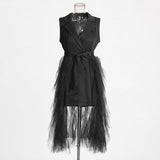 Temperament Commuting Style Suit Dress 2025 Summer New Collarless Sleeveless Suit Splicing Mesh Dress Dress Woman