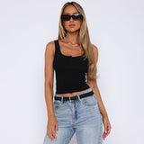 Women's 2024 Summer New Square Necker Sling Bottom Solid Color Button Top DJPT