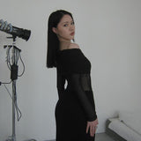 Autumn Famous Style Temperament Sexy Body Shoulder Mesh Stitching Dress Woman DJPT