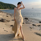 Vacation Dress Women's Summer 2024 New V-Neck Lotle-Side Temperament Super Fairy Opening Sling Skirt