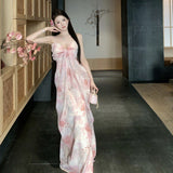 Flower And Haffin Dress Summer Temperament High-End Feeling Waist-Scared Slings Long Skirts