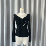 Zhao Sanguan 2024 New One-Word Shoulder Elastic Wrinkled Top Elegant Long-Sleeved T-Shirt