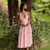 Autumn 2025 New Women's Clothing Ins Sweet Style Sexy Body Print Hanging Neck A Swing Dress Woman DJPT