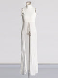 Women's Clothing 2025 Spring Personality Standing Sleeveless Open Forked Perspective Knitting Sexy Long Top
