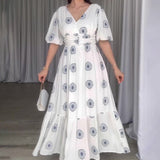 Women's Summer Fashion Vcollar Bubble Sleeve High-Waist Print Splicing Body Dress