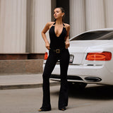 Hanging Neck Sexy Deep V-Neck Tight Black Trousers High Waist Raised Thin Jumpsuit Woman DJPT