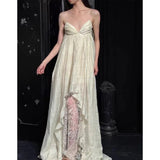 Design Lace Splicing Dress 2024 New Fashion V-Neck Braeed Sling Skirt