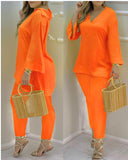Explosion Color New Plain Horn Sleeve V Collar Top And Trousers Fashion Lady Set DJPT