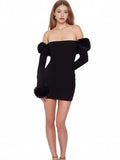 Zhiya With The Same Sexual Passion Shoulder Hair Collar Slim Thin Knit Long-Sleeved Ass Dress Woman