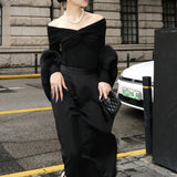 Zhao Sanguan 2024 New One-Word Shoulder Elastic Wrinkled Top Elegant Long-Sleeved T-Shirt