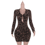 Sexy Deep V-Neck Print Hollow Long-Sleeved Dress Woman 2025 Hottie Body Dress DJPT