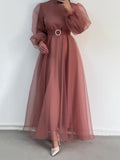 Spring 2024 New Half-High Neckernet Yarn Elegant Thin Lantern Sleeve Dress Woman