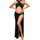 Pregnant Woman Photo-Dragging Cross-Collar Fork Sexy Open Umbilked Solid Color Thin Dress Maternity