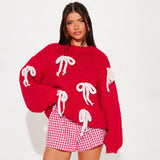 Women's Autumn And Winter Bump Color Bow Decoration Loose Sweater DJPT