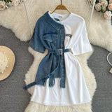 Hong Kong Flavor Temperament With Belt Round Tie Color Denim Shirt Spring New Chic Leisure Medium DJPT