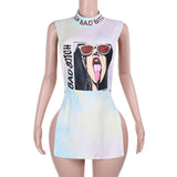 Half-High-Neck Letter Print Sexy Hollow Sleeveless Vest Dress T-Shirt Girl DJPT