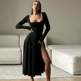 Autumn 2025 New Fashion Style Sexy Temperament Collared Fork Long-Sleeved Dress Woman DJPT