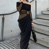 Summer 2025 New Long Dress Temperament Sexy Shoulder Mesh Yarn Hollow Dress Woman DJPT
