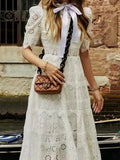 Fresh Sweet Wind 2025 Summer New Bubble Sleeve Lace Hollow Splicing Lace High Waist Dress