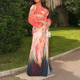 Women's Autumn Lantern Sleeve Dress High Waist Open Fork Long Dress