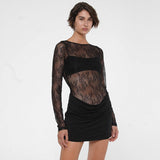 Summer New Women's Solid Color Lace Perspective Sexy High-Lumbar Bust DJPT