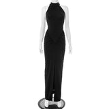 Women's Solid Color Sleeveless Hanging Neck Tight-Up Kitted Open Fork Dress DJPT