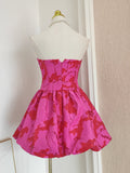 A line Strapless Satin Pink Floral Vacation Dresses Short Birthday Dress SD1260