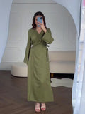 Long-Sleeved Dress 2024 Summer Cold Feeling With Belt V-Neck Zen Style Dress