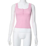 Women's 2024 Summer New Square Necker Sling Bottom Solid Color Button Top DJPT