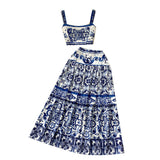 And White Porcelain Printing Set Of Women In Summer Pure Desire To Bare Belt Slings Small Vest + High Waist Mid-Dress Skirt DJPT