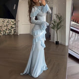 Temperament Autumn And Winter New Women's Clothing Stitching Rules Lotus Leaf Lace Bag Hip Dress