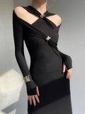 Knitted Long Dress 2025 Spring Famous Temperament Cross-Toning Knot Hollow Folded Slimming Dress