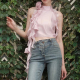 Mencius Is The Same Pink Flower Lotus Leaf Side Ribbon Hanging Neck Vest 2024 New