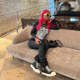 Long-Sleeved Cool Street Print T-Shirt Girl Personality Trendy Street With Short Sleeve Top DJPT