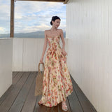 Swing Atmosphere Feel The Flower Temperament Of The Waist Thin 100 Folds Hanging Neck Slings Long Skirt Seaside Skirt