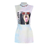 Half-High-Neck Letter Print Sexy Hollow Sleeveless Vest Dress T-Shirt Girl DJPT