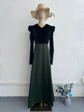 Autumn Fashion Temperament Velvet Splicing V-Neck Intellectual Belt Long Dress