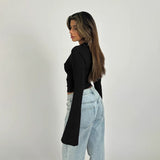 Sexy Lace Side Deep V-Neck Long-Sleeved Top-Bottomed Women's Autumn 2025 Blouse DJPT