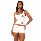 Women's Sleeveless U-Neck Lip Red Hot Drilling Suede Vest Shorts Set DJPT