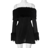 Women's Autumn And Winter One-Word Shoulder Hair Collar Sexy Hot Girl A Short Skirt DJPT