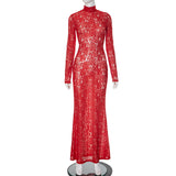 Women's Lace Splicing Semi-High Collar Body-Dight Sexy Dress DJPT