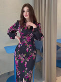New Retro Print V-Neck Long Sleeves Open Waist Dress Female Summer Temperament Thin Dress