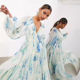 Women's Printed Chiffon Dress V Collar Folded Waist Drawstring Long Sleeve 8042 HZ0628