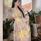 Court Lantern Sleeve Yellow Print Dress Photo Long Dress Bohemian Beach Dress Women's Summer