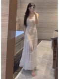 A line Spaghetti Straps Lace White Chiffon Beach Dress Women's Vacation Dresses SD1142