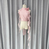 Mencius Is The Same Pink Flower Lotus Leaf Side Ribbon Hanging Neck Vest 2024 New