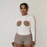 Stitched Hollow Breast Cup Long-Sleeved Top Woman Autumn 2025 New Simple Style Casual Body Repair T-Shirt DJPT